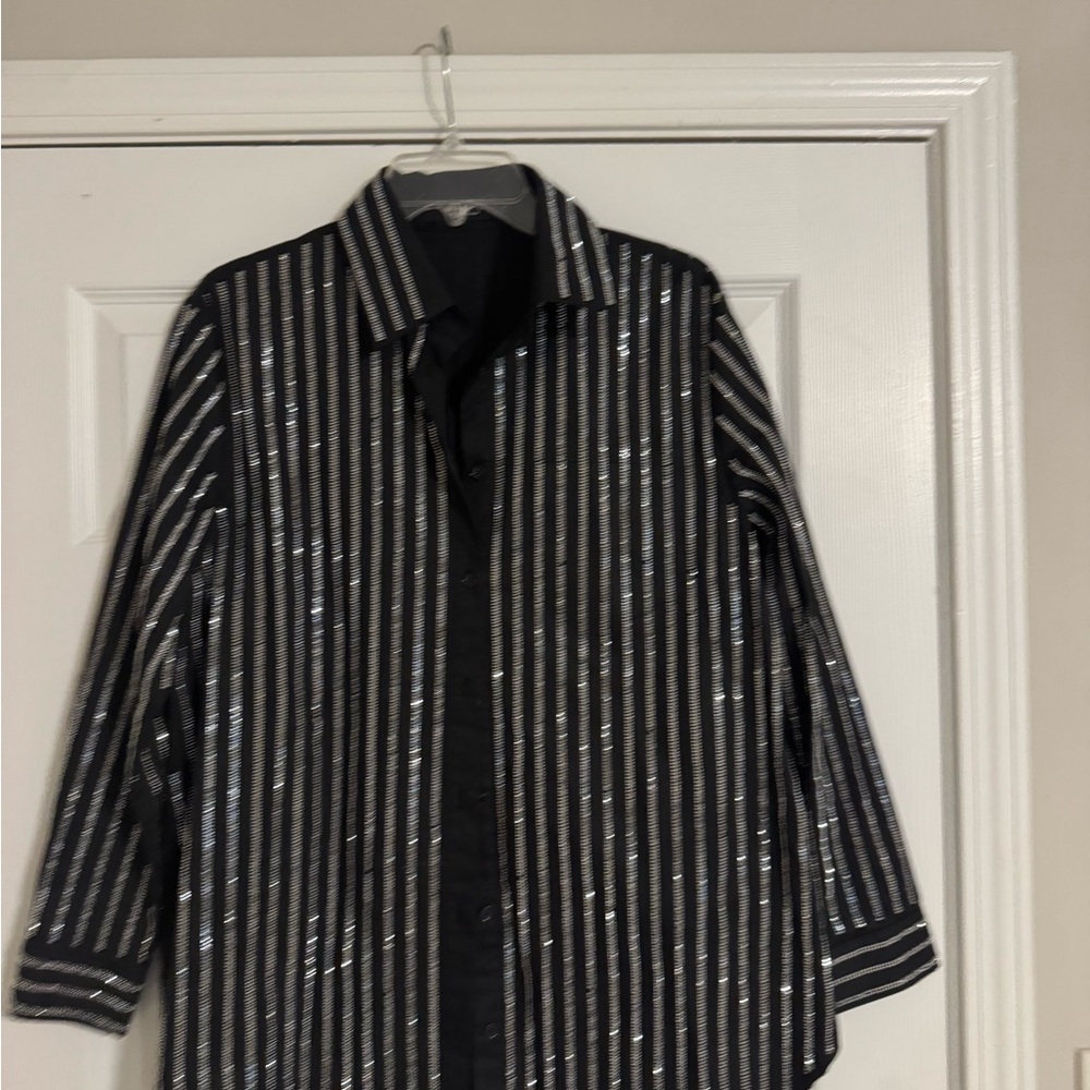 Black and Silver Striped Button-Up Shirt Dress